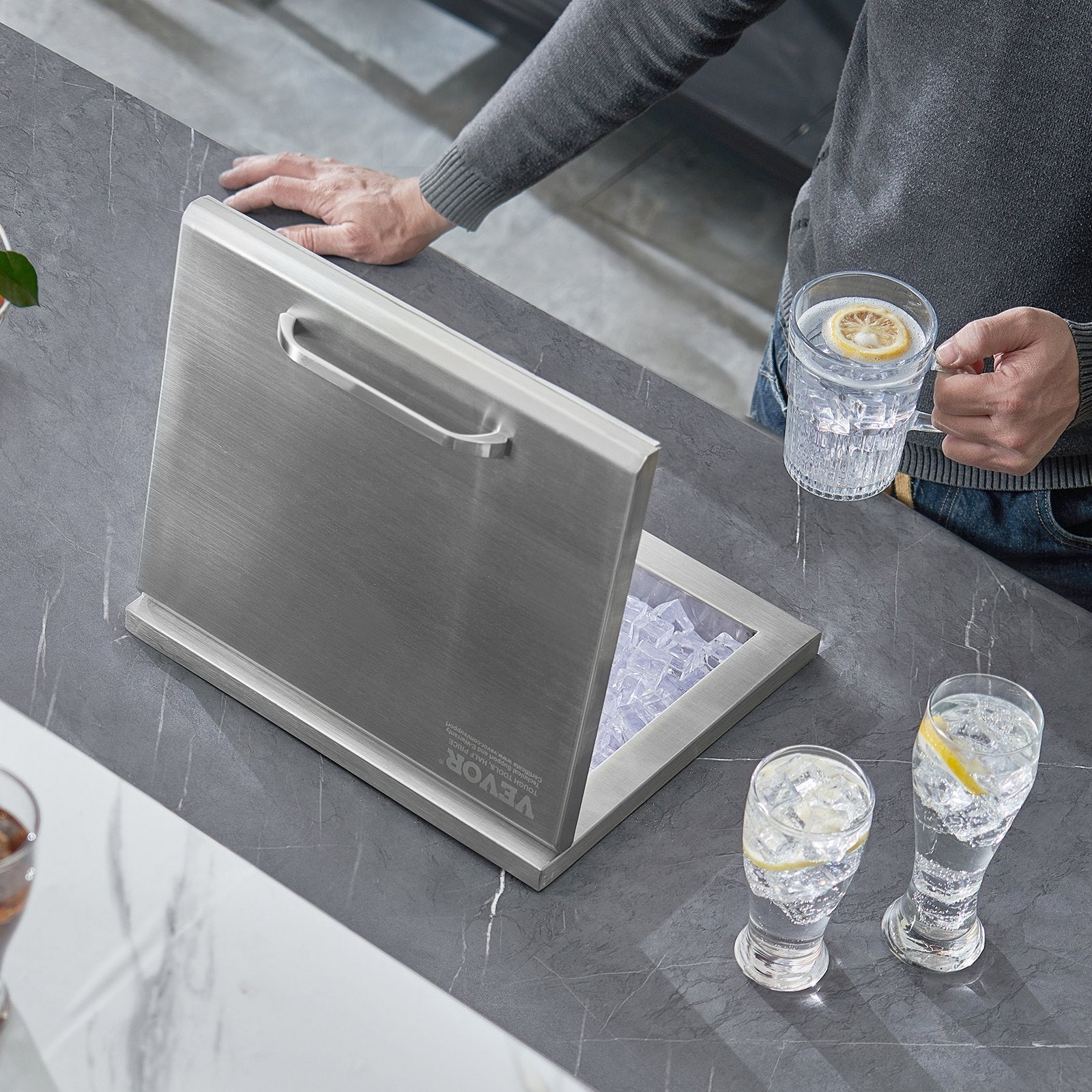 Drop In Ice Chest, 14'L X 12'W X 18'H Stainless Steel Ice Cooler, Commercial Ice Bin With Hinged Cover, 40 Qt Outdoor Kitchen Ice Bar, Drain-pipe And Drain Plug Included, For Cold Wine Beer