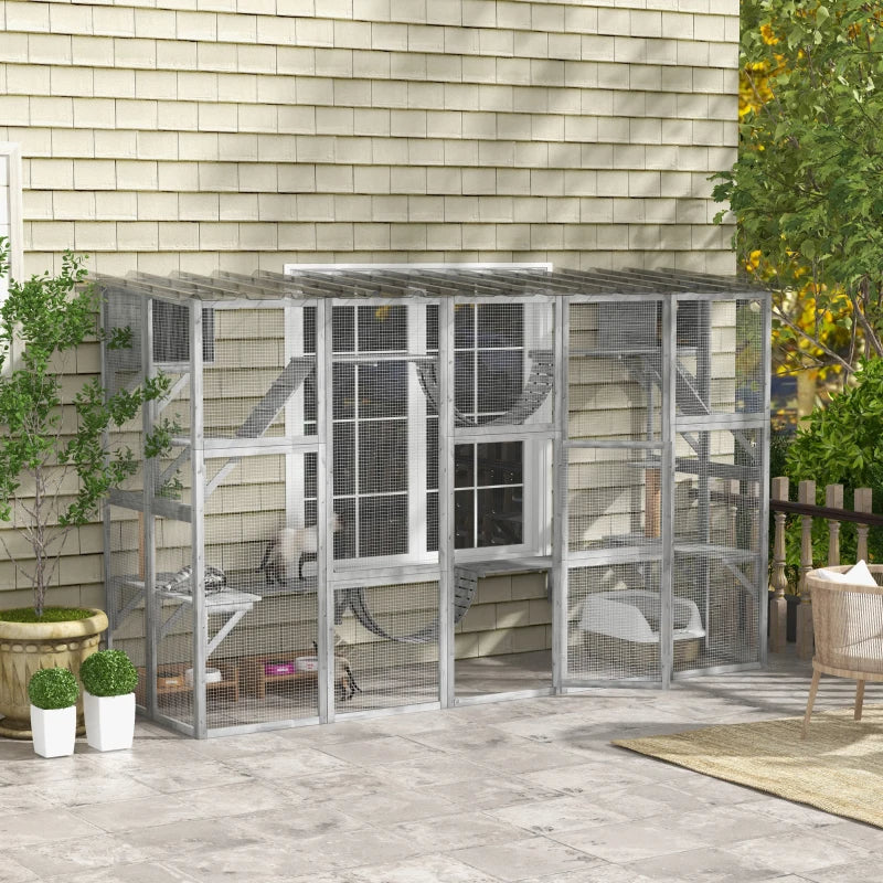 Playground Cat Window Box Outside Enclosure For Multiple Cats W Shelves & Bridges, Gray