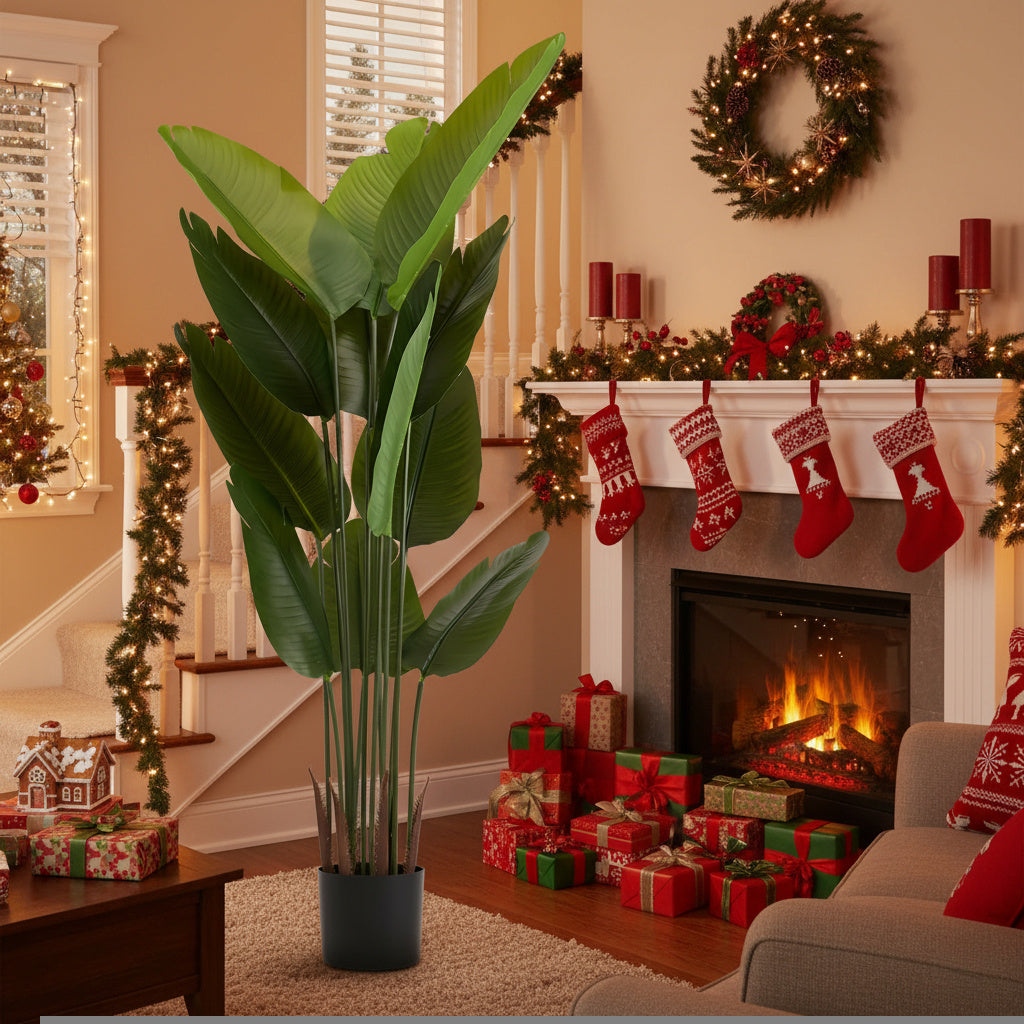 2PCS Set 5.2ft Tall Artificial Plant Faux Tropical Natural Palm Tree In Pot For Indoor Outdoor Home Office Garden Decor