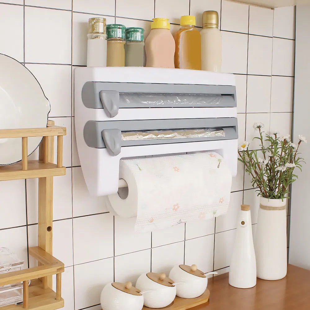 Kitchen Roll Dispenser Paper Roll Holder Plastic Wrap Film Foil Paper Organizer W/ Cutter Wall Mounted For Kitchen Bathroom