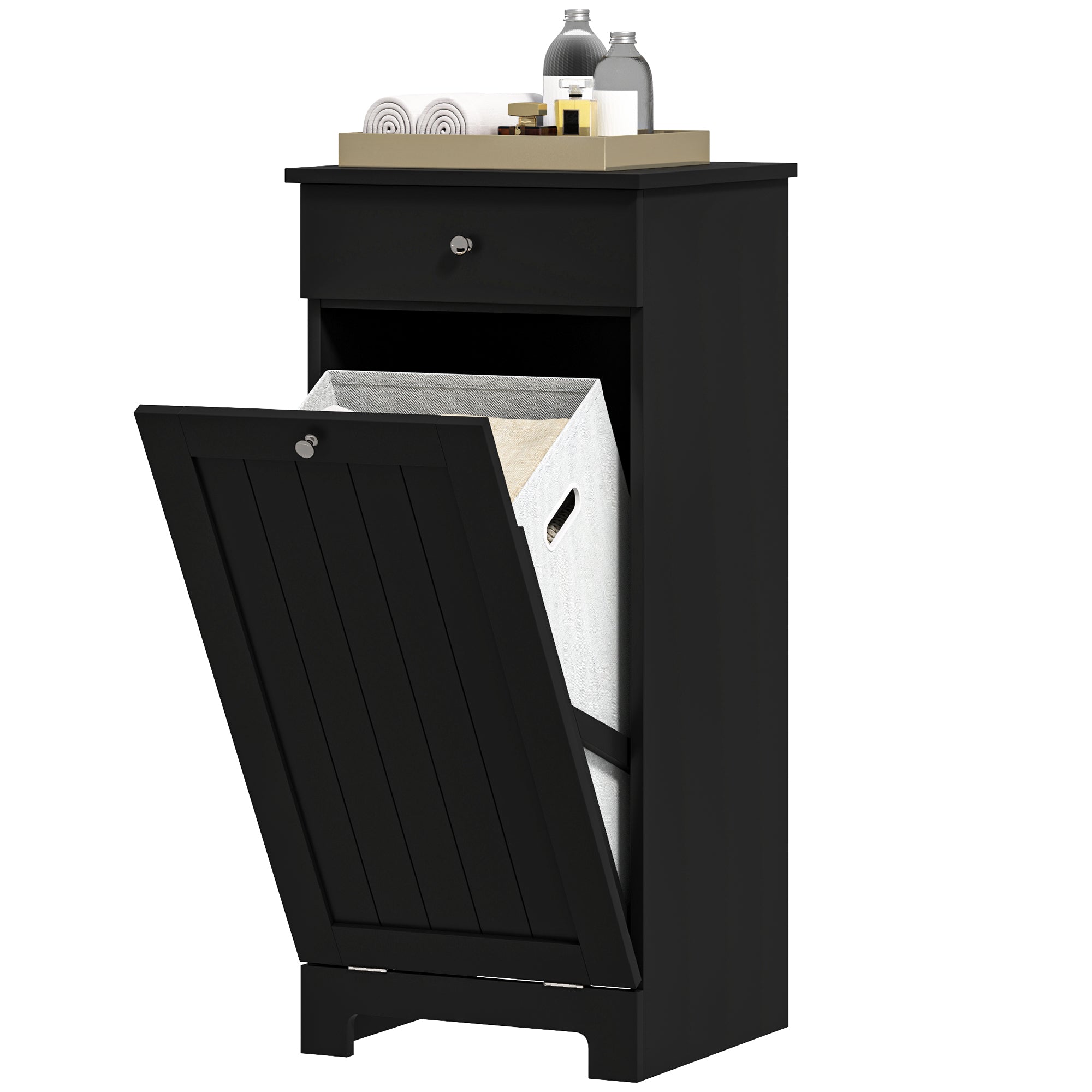 Laundry Hamper Cabinet, Laundry Cabinet with Tilt Out Laundry Basket and Drawer, Black