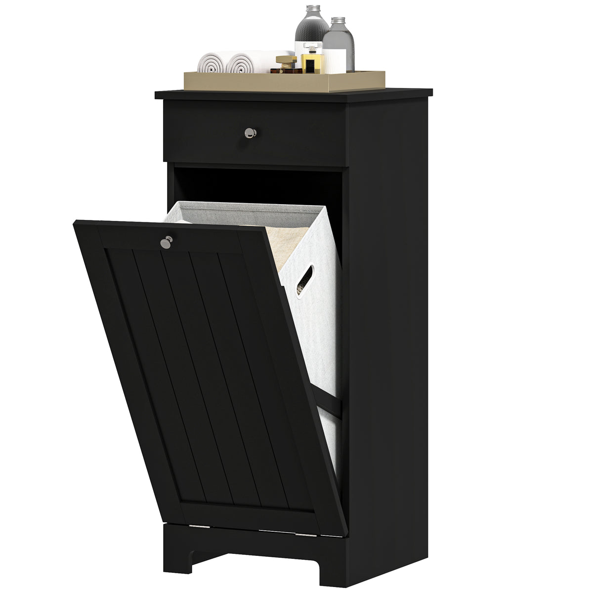 Laundry Hamper Cabinet, Laundry Cabinet with Tilt Out Laundry Basket and Drawer, Black
