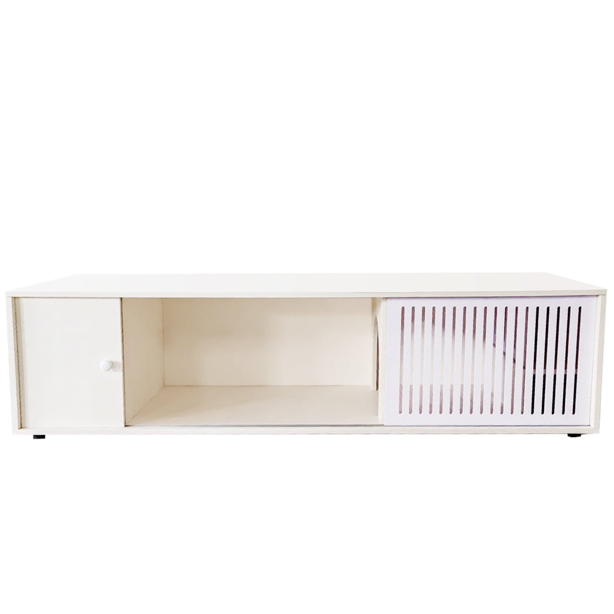 Modern Cream White TV Stand With Storage, Cat Litter Box Enclosure With Removable Sliding Door