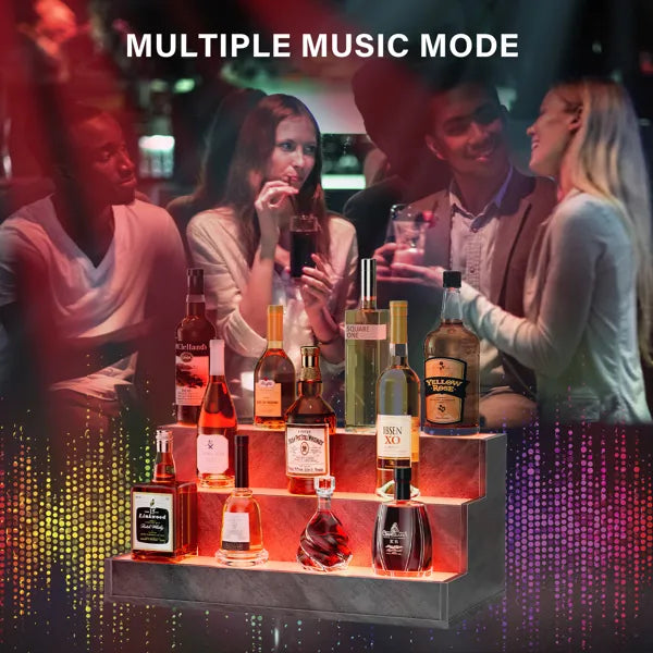 LED Lighted Liquor Bottle Display Shelf, 24 Inch Bar Display Shelf, DIY Illuminated Bottle Shelf With App & Remote Control, 3 Step Freestanding Holding Bottles For Home Bar, Party, Grey
