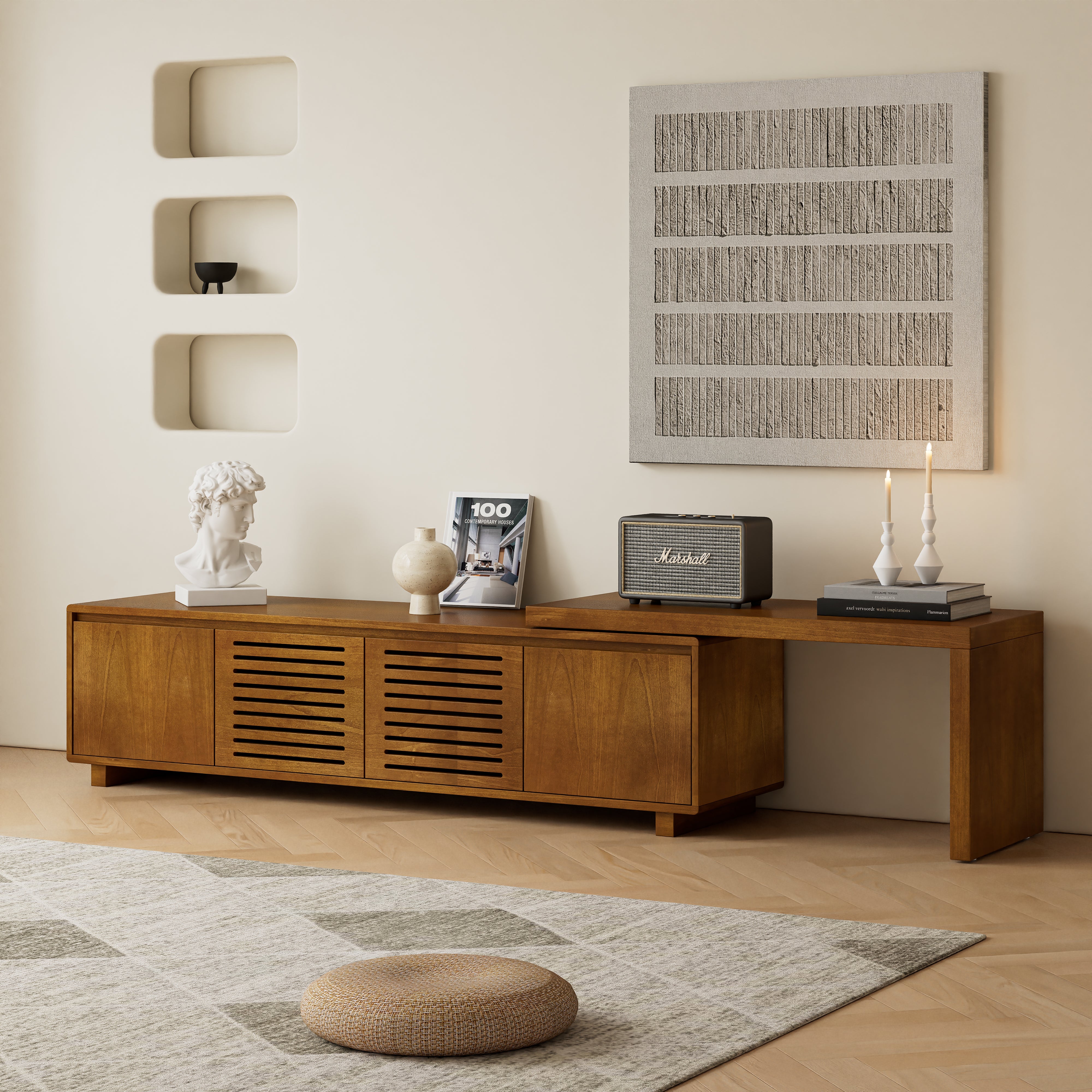 63 Mid-Century Modern Extendable TV Stand For TVs Up To 75, Media Console TV Cabinet For Living Room, Farmhouse Entertainment Cabinet With Storage & Adjustable Panel