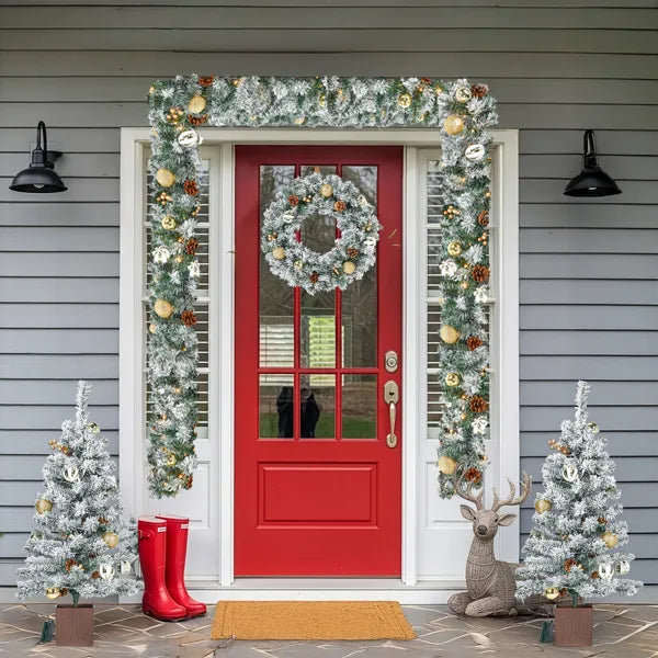 Pre-lit Holiday Christmas 4-Piece Set, Christmas Garland, Wreath And Set Of 2 Entrance Trees With Warm White LED Lights And Remote Control, Artificial Christmas Tree Celebrating Set, Snowy Green