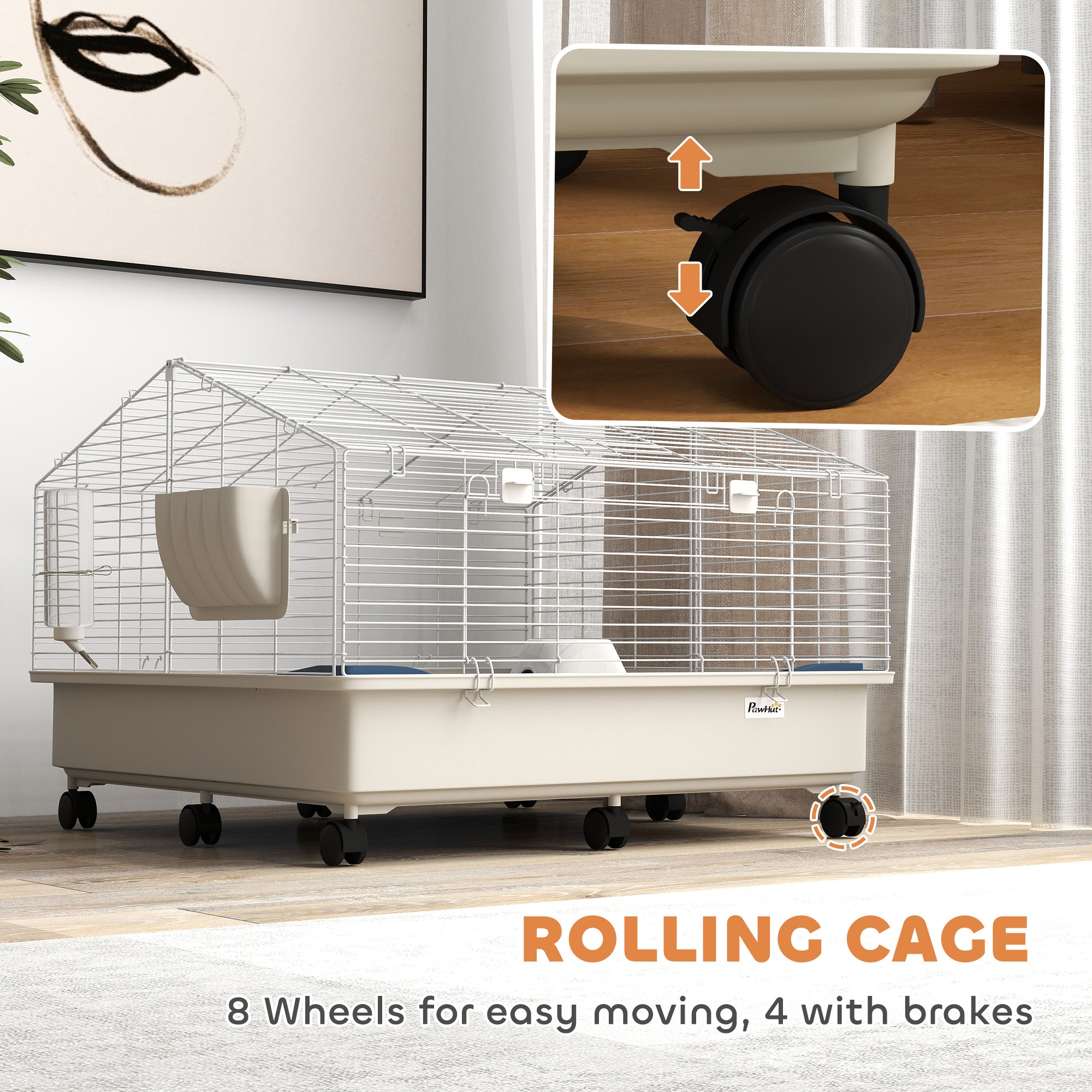 Rolling Small Animal Cage With Water Bottle, Hay Feeder, Food Dish For Rabbits, Hedgehogs, Guinea Pigs, 35 X 35x 25