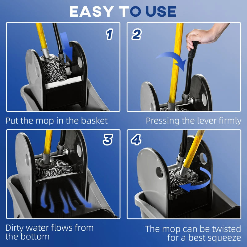 9.5 Gallon 38 Quart Mop Bucket With Wringer Cleaning Cart, 4 Moving Wheels, 2 Separate Buckets, & Mop-Handle Holder, Grey