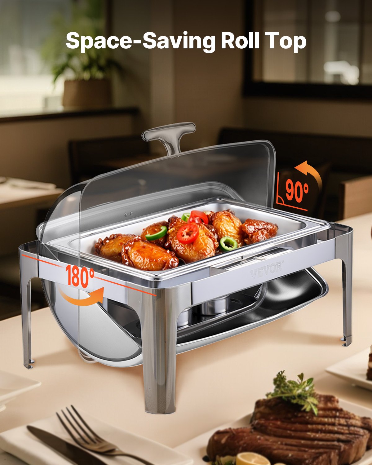 9Qt Rectangle Roll Top Chafing Dish Set With Full-Size Pan Stainless Steel