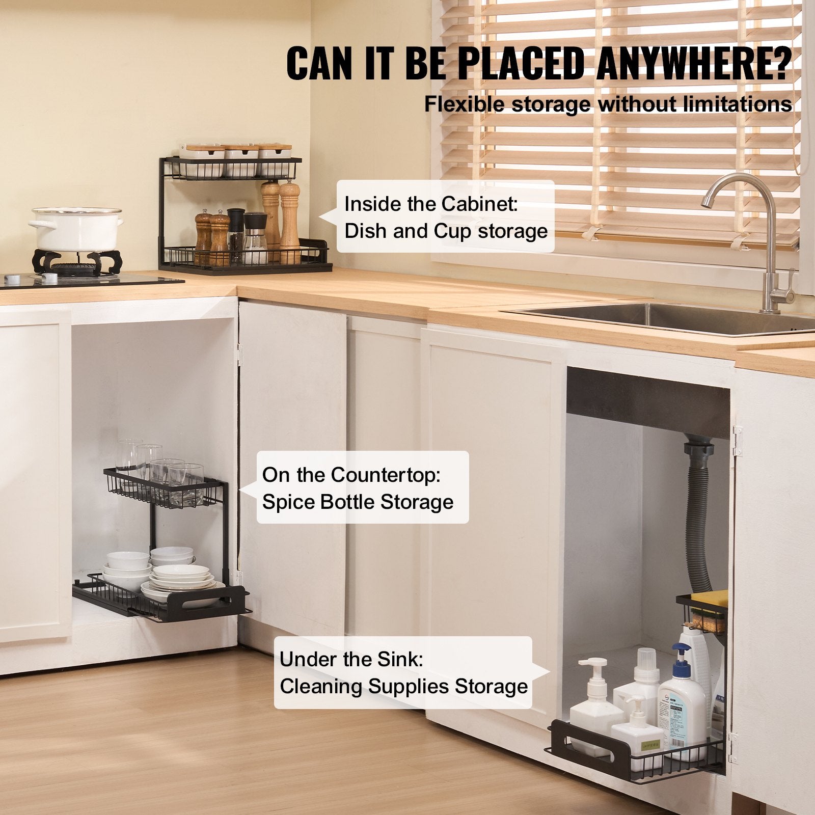 2-Tier 10.7"W X 14.2"D Pull Out Cabinet Under Sink Organizer 10.7"x14.2" Drawer Basket, 12.5"Wx15.5"Dx13"H Install Size For Cabinet