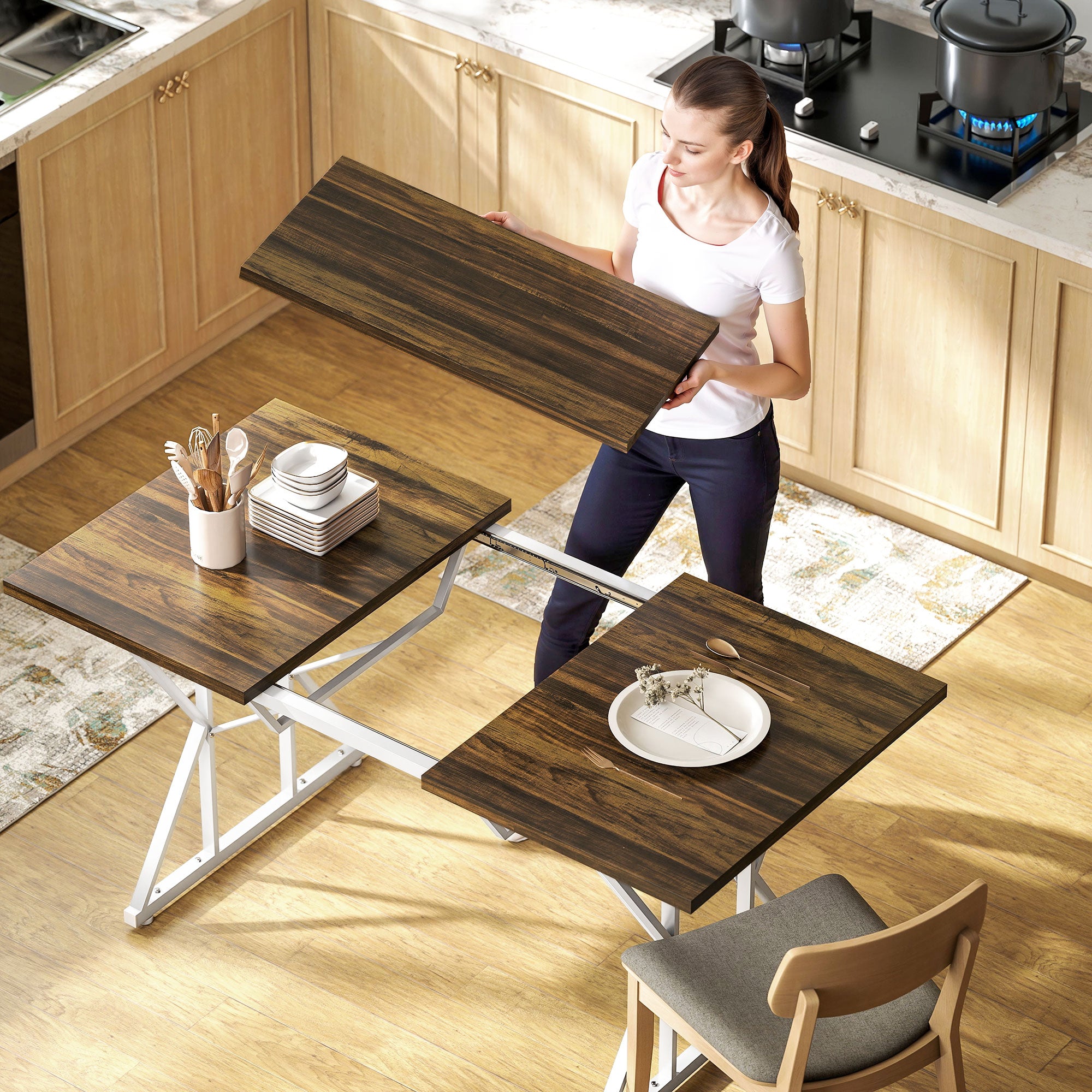 47"-63" Extendable Dining Table for 4-6, Farmhouse Expandable Kitchen Table with Heavy Duty Trestle Base, Brown