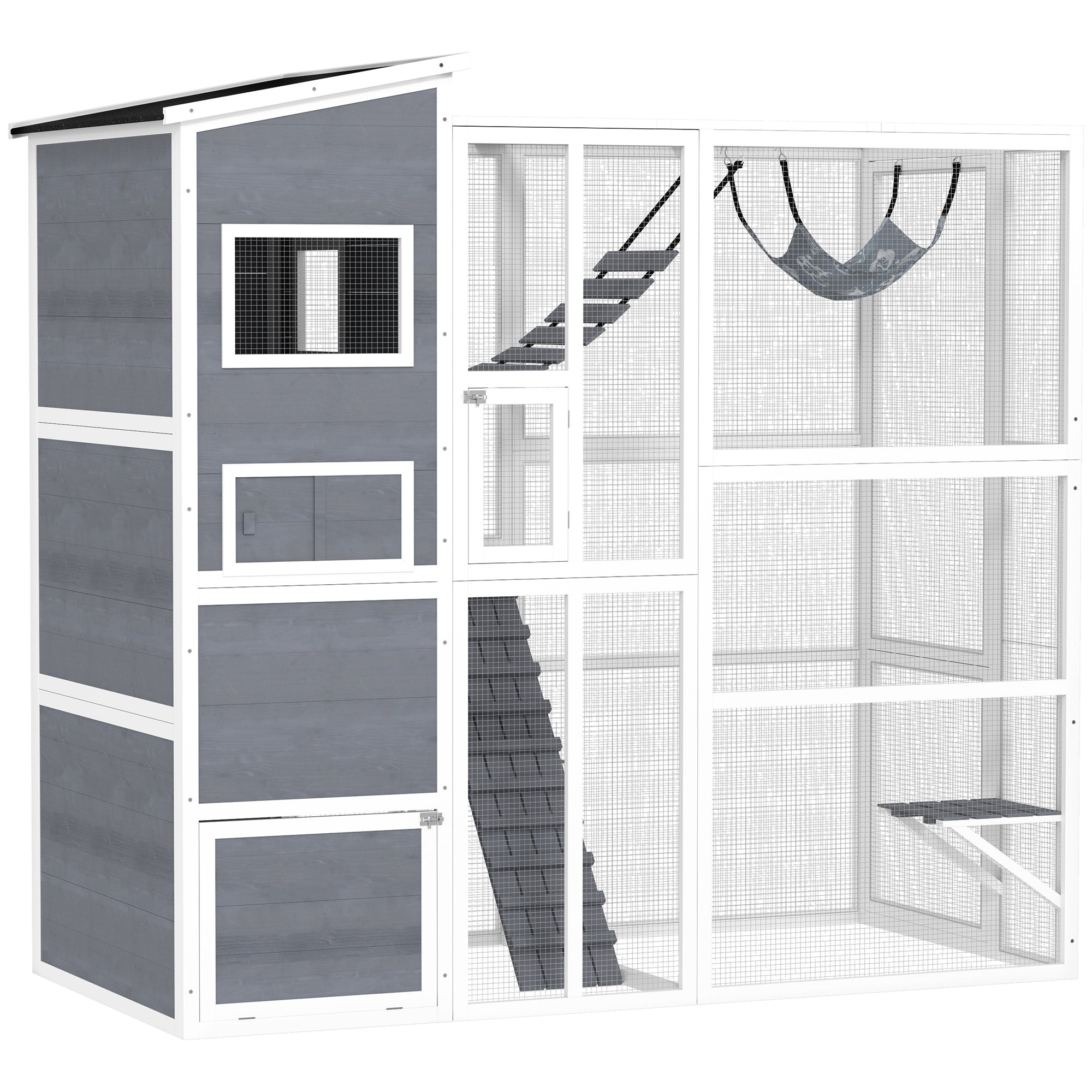 Large Wooden Catio Outdoor, Cat Enclosure w/ 4 Tier Resting Rooms, 3 Platforms, 1 Soft Ladder, 2 Ramps, 1 Hammock, Gray