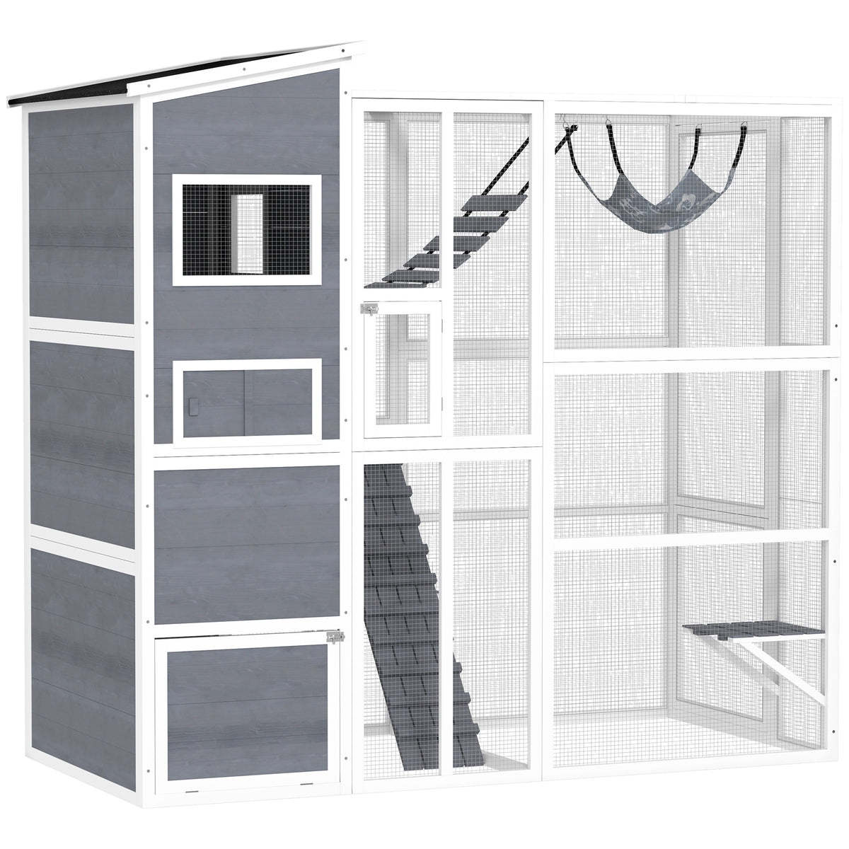 Large Wooden Catio Outdoor, Cat Enclosure w/ 4 Tier Resting Rooms, 3 Platforms, 1 Soft Ladder, 2 Ramps, 1 Hammock, Gray