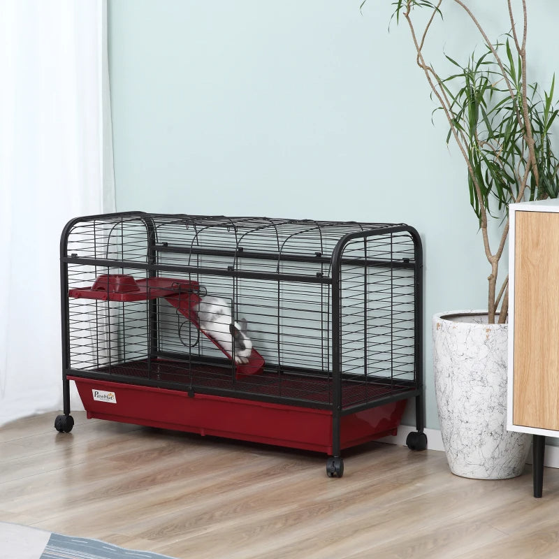PawHut 41L Small Animal Cage, Pet Play House For Rabbit Hutch Ferret With Feeder, Rolling Wheels, Platform, Ramp