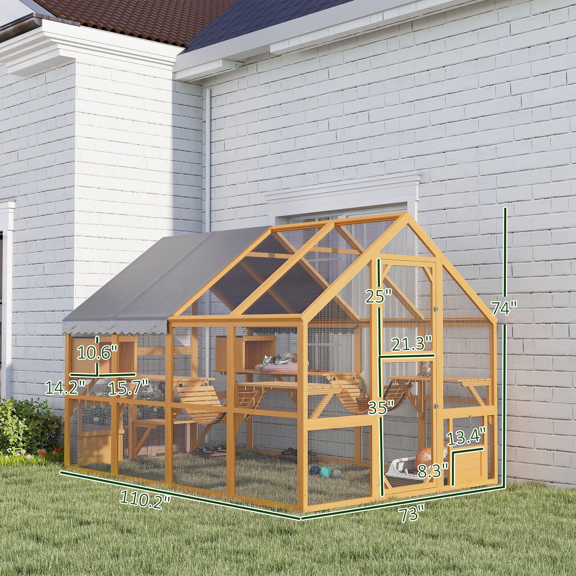 Wooden Catio Outdoor Cat Enclosure, Large Cat House with Waterproof Cover, 2 Condos, 6 Platforms, Bridge, Doors, Yellow