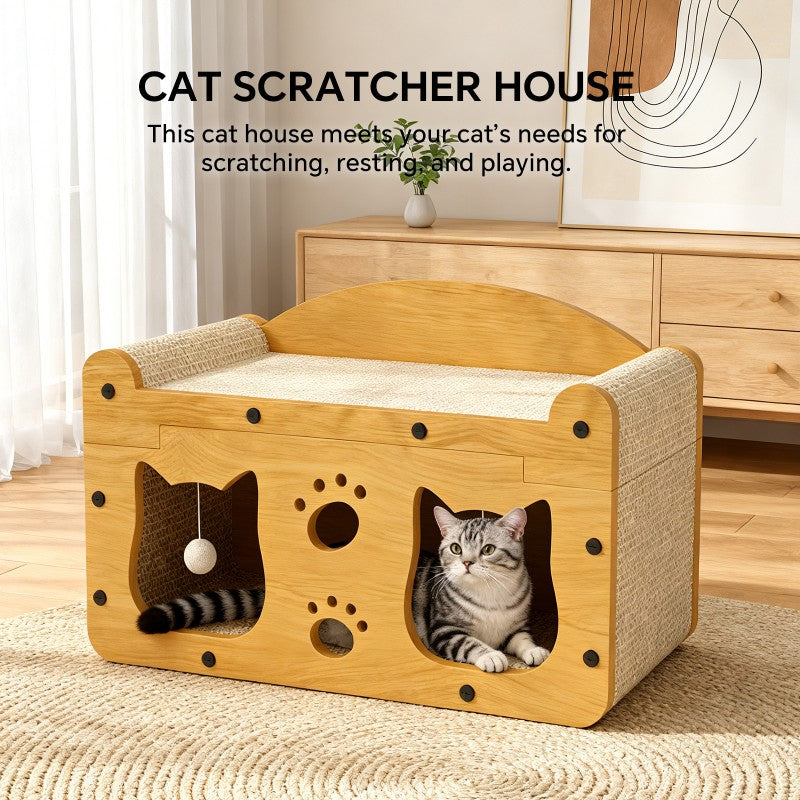 56cm Extra Large Chinese Style Double Door Cat Scratcher Sofa With Cat Head Design, With Free Catnip, For Cats Up To 20lbs