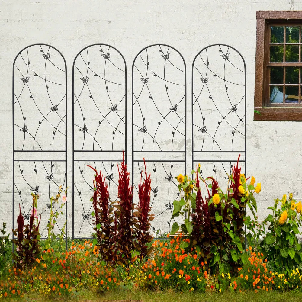 4 Pack Metal Garden Trellis 86.7" X 19.7" Rustproof Trellis For Climbing Plants Outdoor Flower Support Butterfly Deco Black