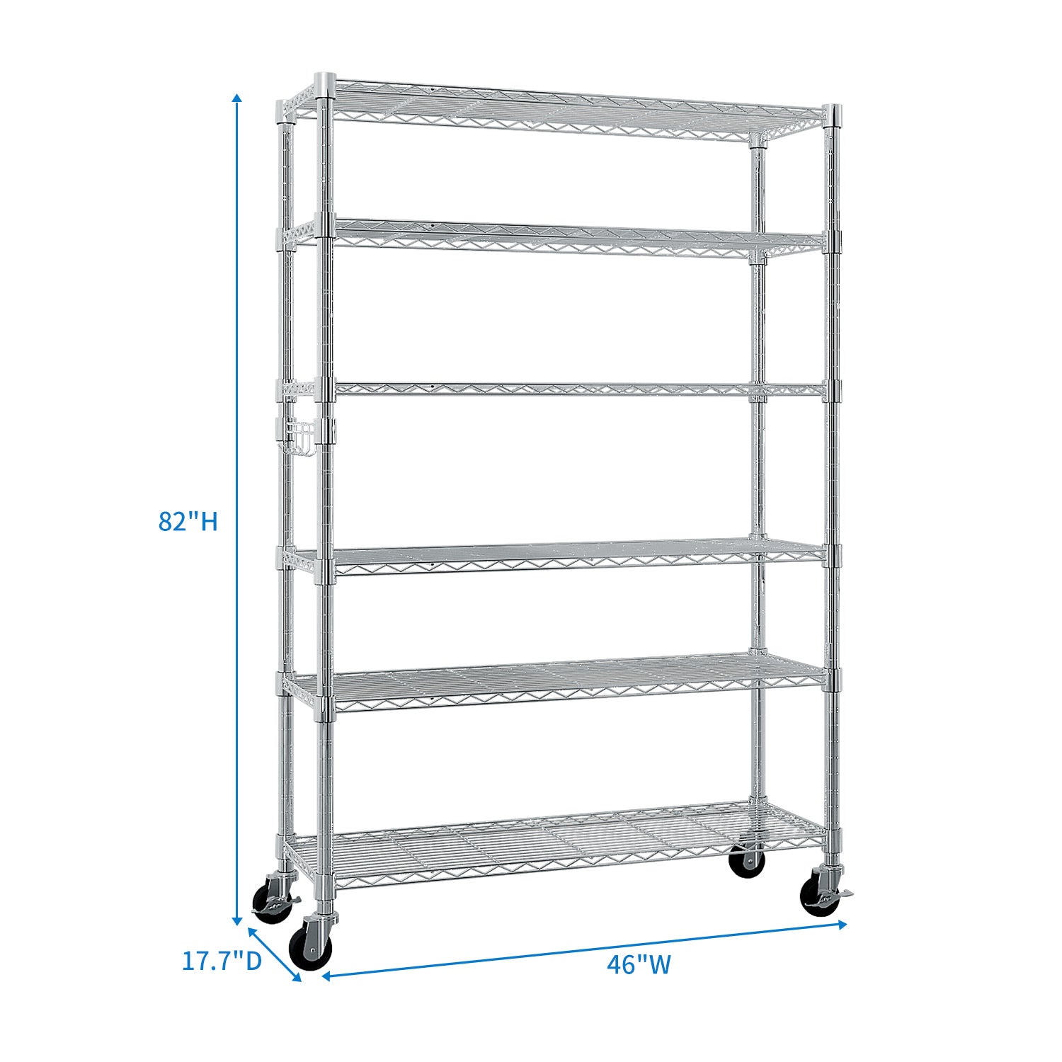 6-Tier Modular Shelving Unit With 1 Row Of Side Hooks Features Adjustable Feet And Casters Iron Construction Freely Adjustable Shelf Spacing Home Shelving Unit 117x45x208cm Silver Paint Finish