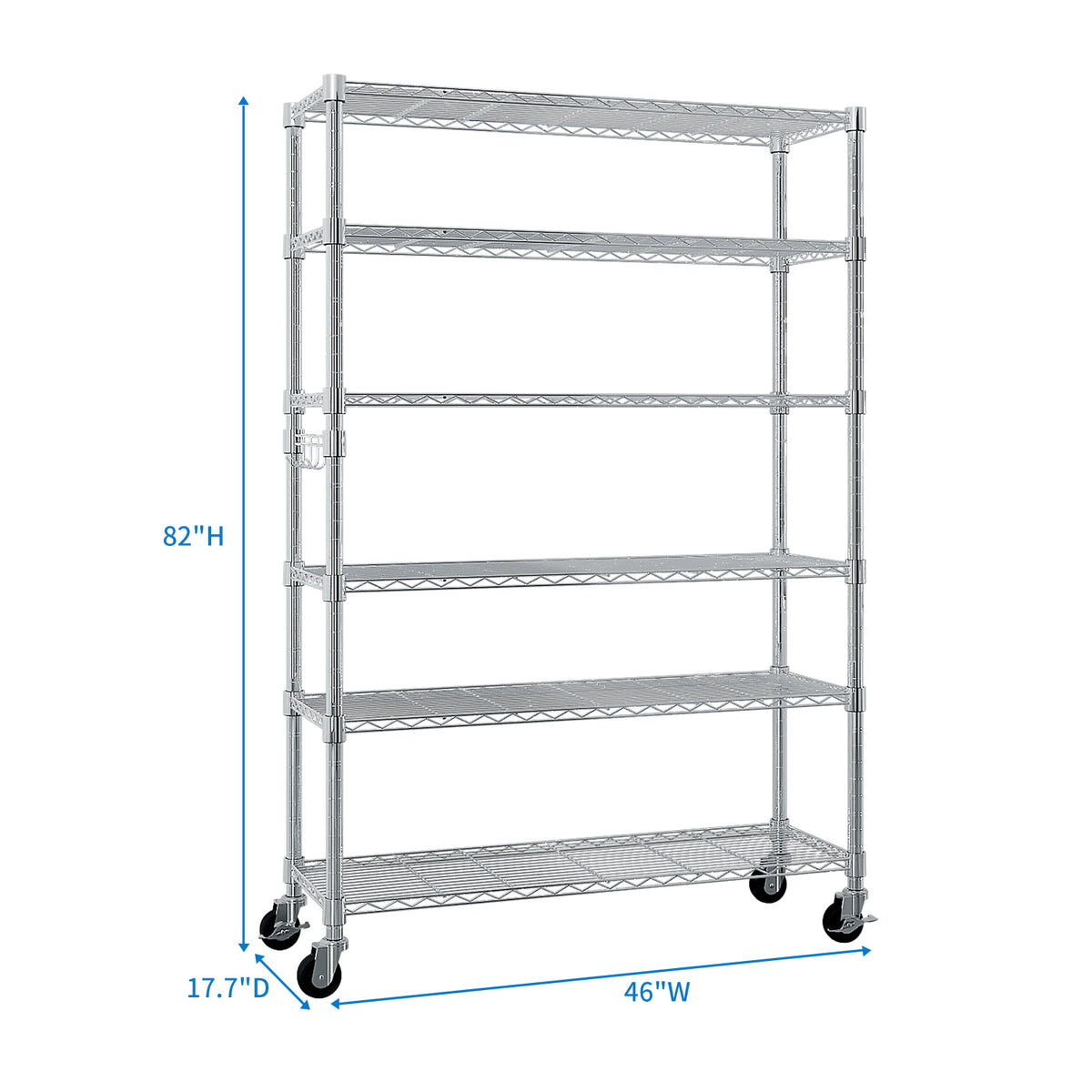 6-Tier Modular Shelving Unit With 1 Row Of Side Hooks Features Adjustable Feet And Casters Iron Construction Freely Adjustable Shelf Spacing Home Shelving Unit 117x45x208cm Silver Paint Finish