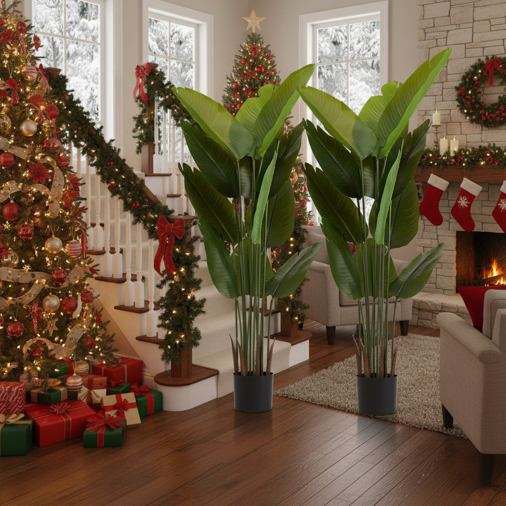 2PCS Set 5.2ft Tall Artificial Plant Faux Tropical Natural Palm Tree In Pot For Indoor Outdoor Home Office Garden Decor