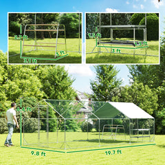 Large Metal Chicken Coop with Waterproof Cover, Roosting Bar, Nesting Box, 9.8' x 19.7' x 6.4'