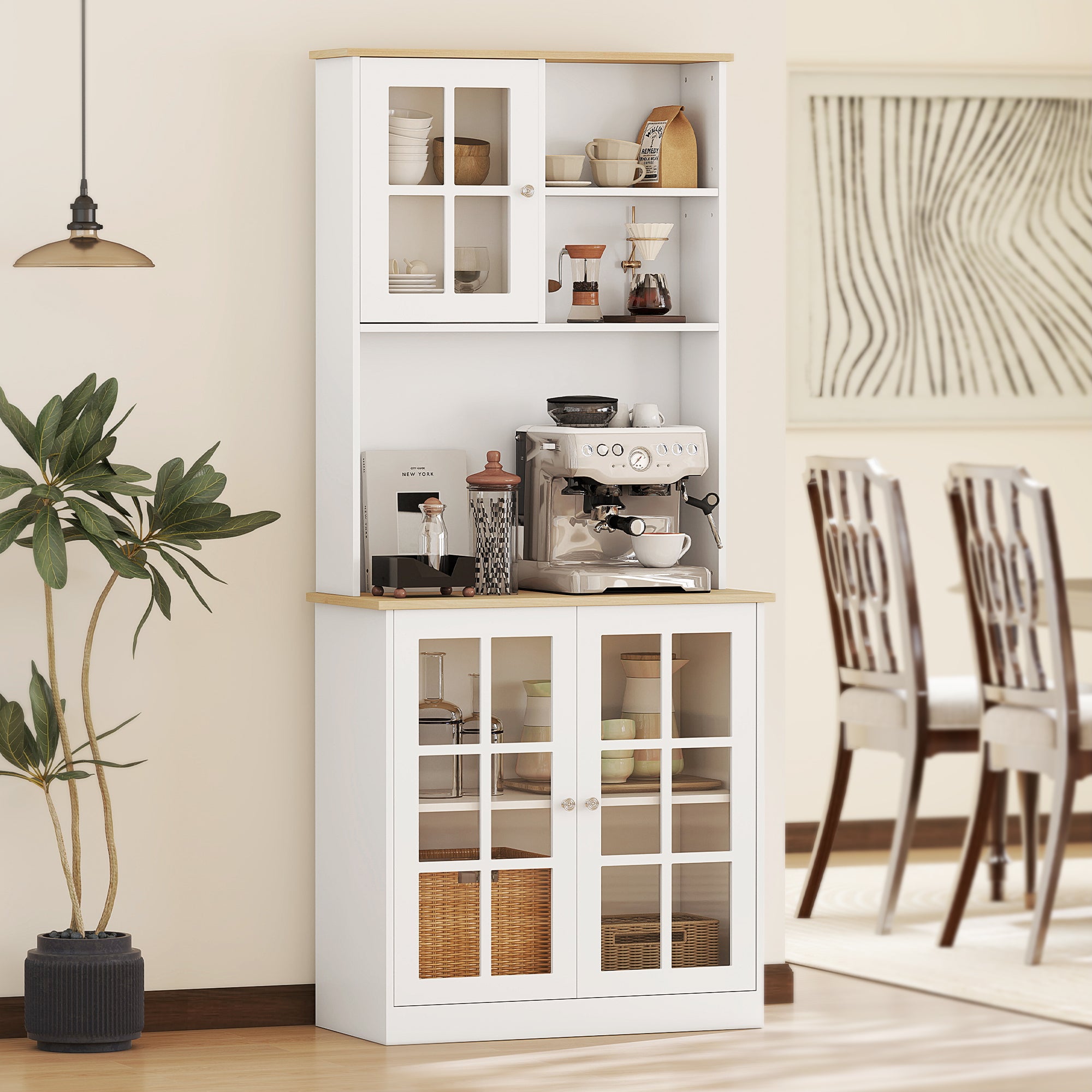 Kitchen Pantry Cabinet, 72" Freestanding Storage Cabinet with Hutch, Large Countertop, Glass Doors and Adjustable Shelves, Microwave Cabinet, Coffee Bar Cabinet for Dining Room, White