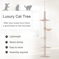 102" Adjustable Height Floor to Ceiling Cat Tree, 5 Level Cat Tower with Scratching Posts, Hammock, Beige