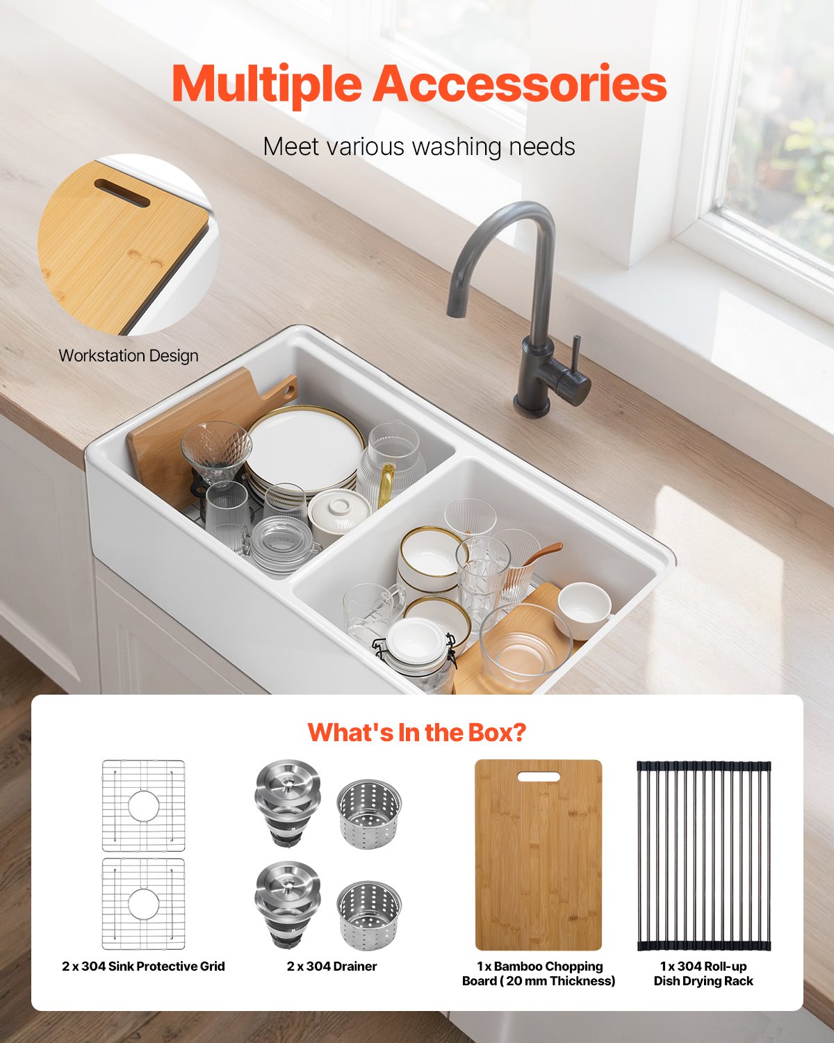 33x20 In Farmhouse Sink Undermount Kitchen Double Bowl Basin Fireclay White