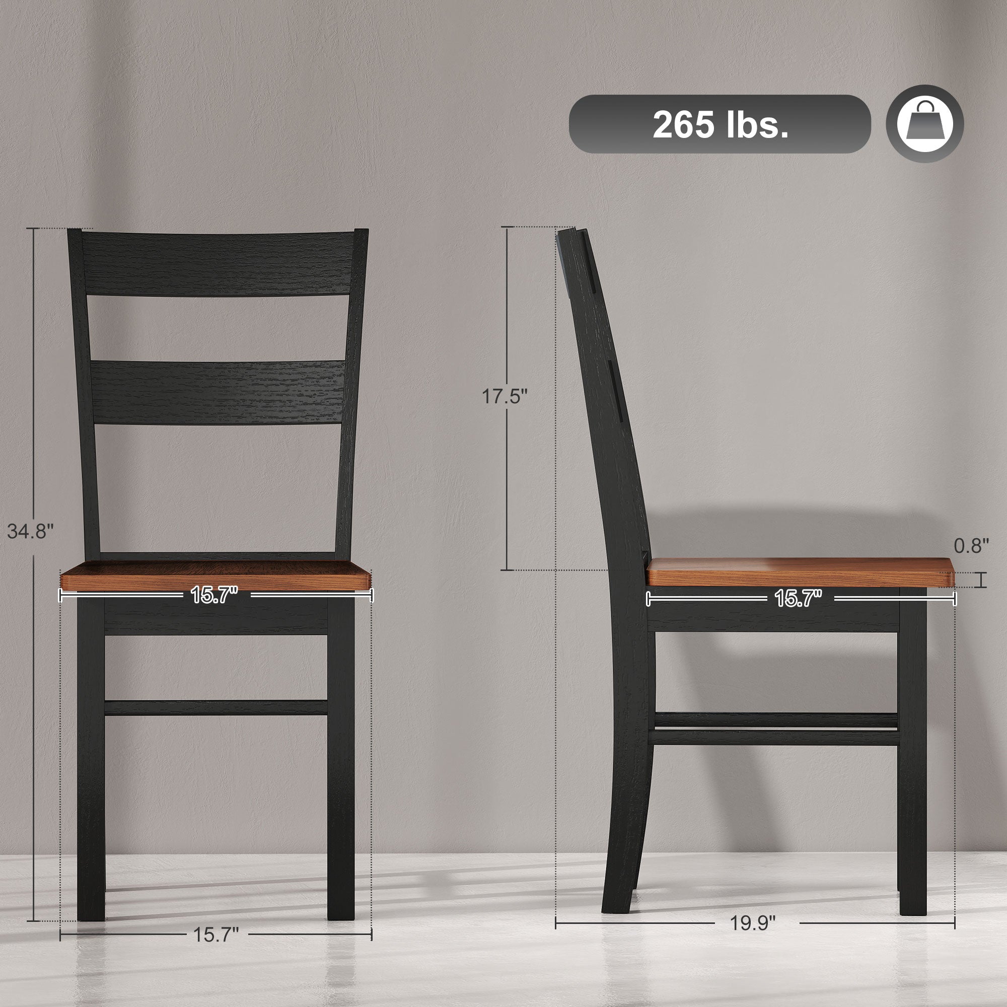 Farmhouse Dining Table Chairs, Set of 2 Rubber Wood Kitchen Table Chairs with Open Back for Living Room, Black
