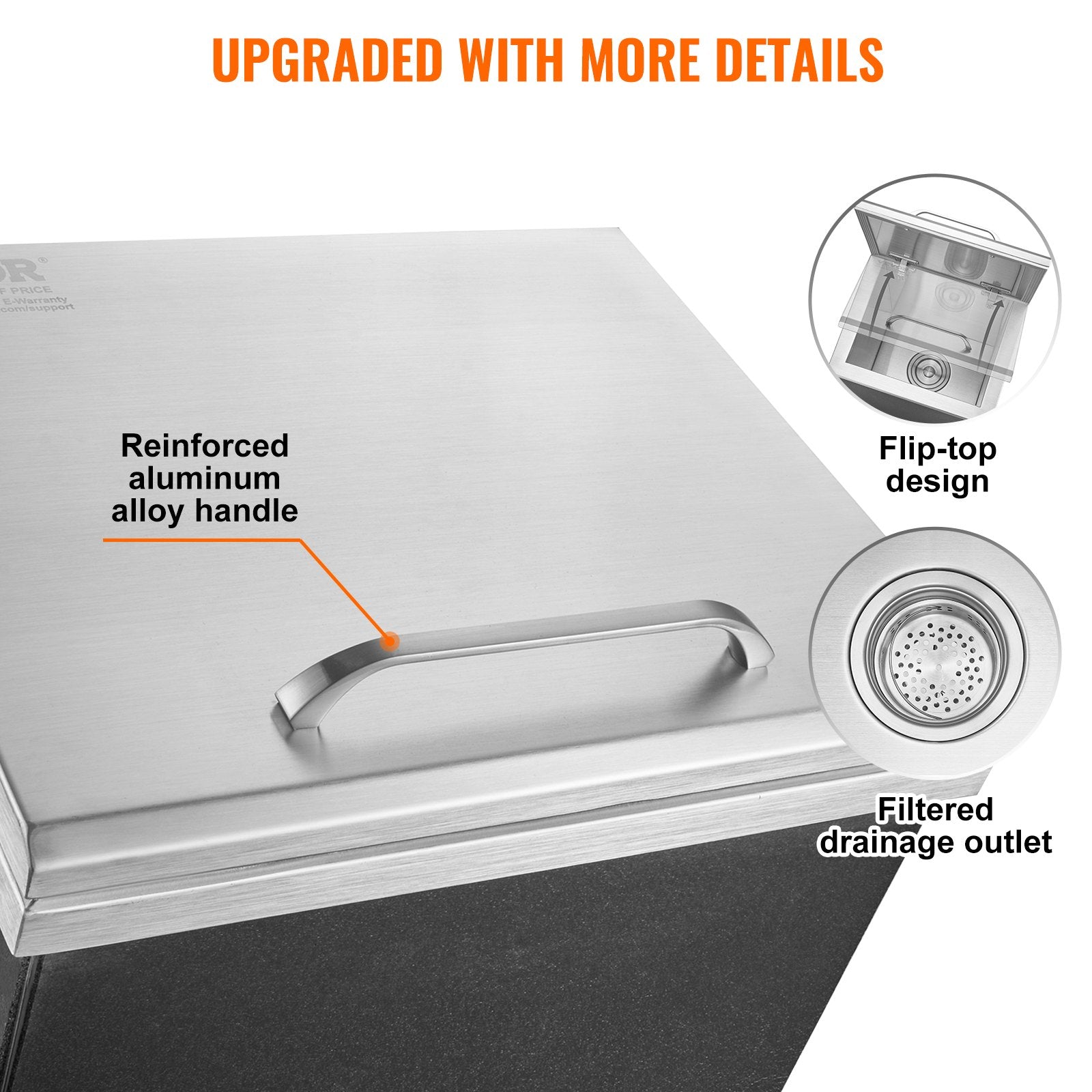 Drop In Ice Chest, 14'L X 12'W X 18'H Stainless Steel Ice Cooler, Commercial Ice Bin With Hinged Cover, 40 Qt Outdoor Kitchen Ice Bar, Drain-pipe And Drain Plug Included, For Cold Wine Beer