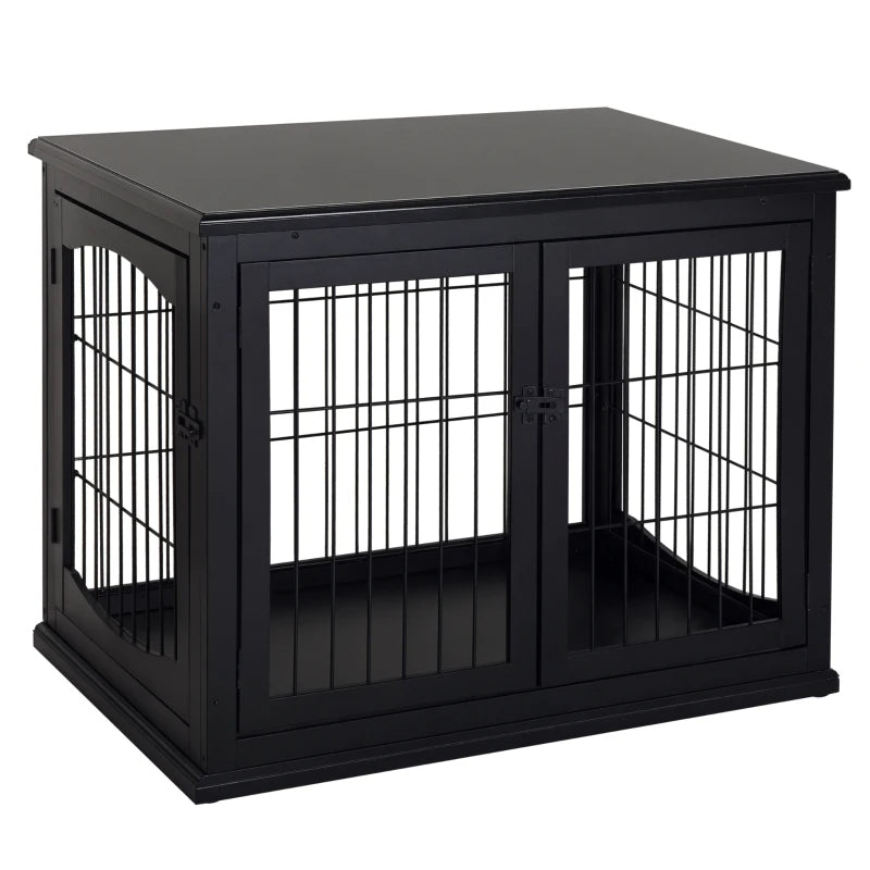 Crate Furniture, 32Small Dog Cage End Table With 2 Doors, Lockable Door, Puppy Kennel Indoor, Black