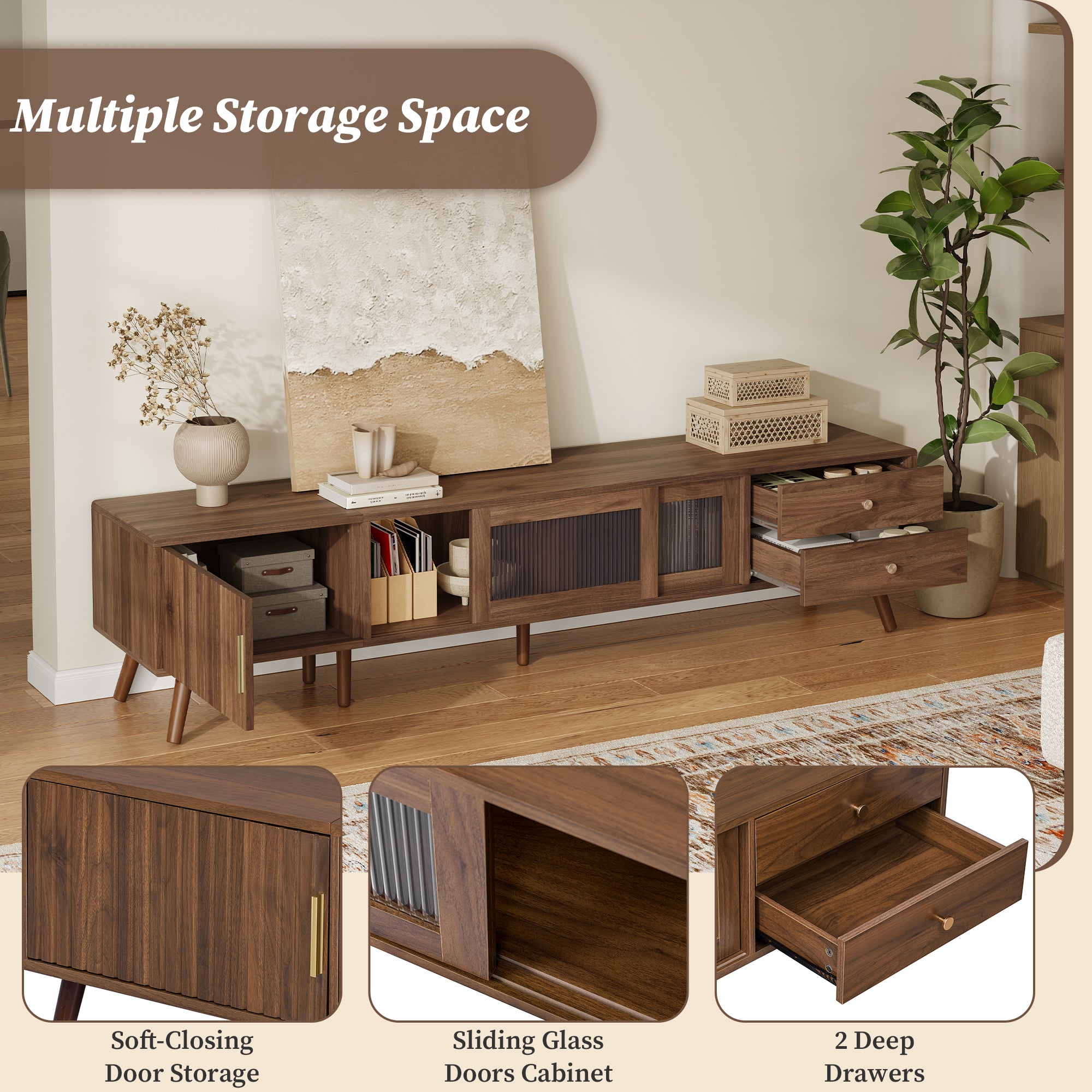 76 Modern Minimal Glass-Doors TV Stand For TVs Up To 85 Inches, Wood-Grain Entertainment Center With Storage Cabinets, TV Media Console Table For Living Room, Bedroom