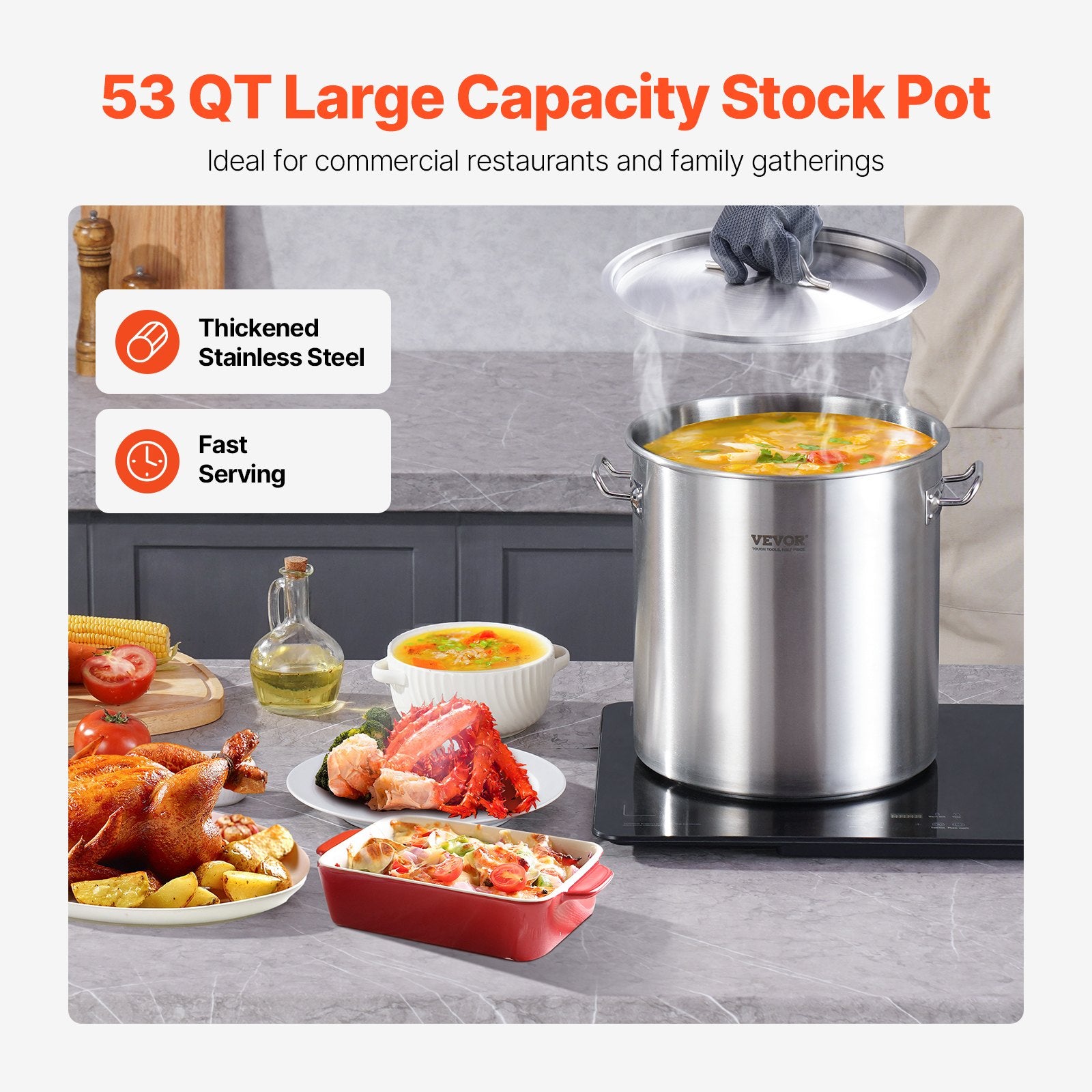 53QT Stainless Steel Stockpot Cooking Kitchen Sauce Pot With Lid Handle