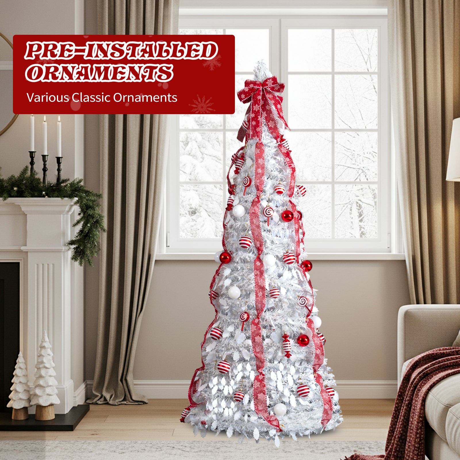 6 FT Fully Decorated Pre-lit Christmas Tree, Up Artificial Xmas Tree With 100 Warm Lights And Red Ornaments For Home Office Store Holiday Deco, White