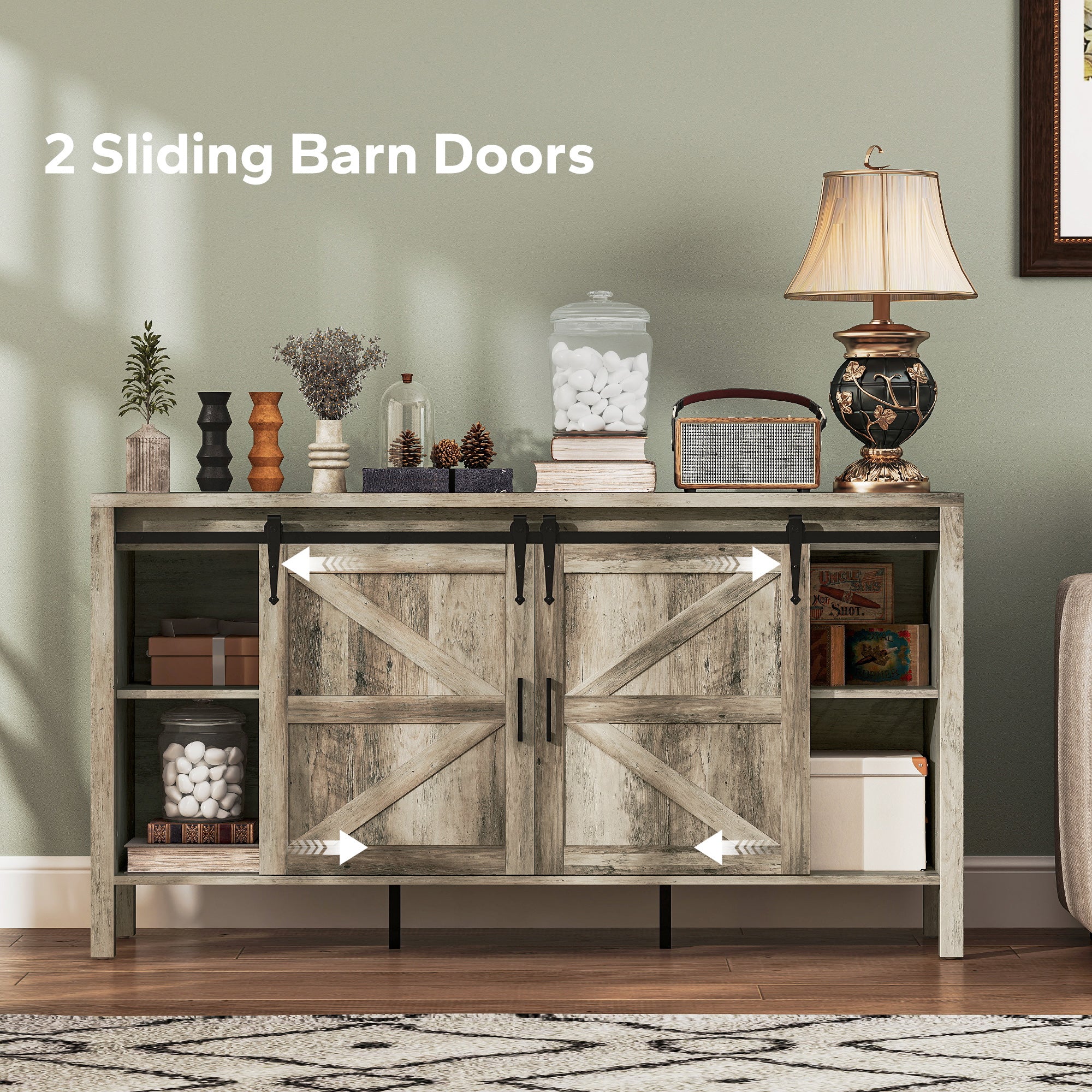 59" Buffet Cabinet, Farmhouse Sideboard with Thick Top, 2 Barn Doors, 4 Drawers and 2 Adjustable Shelves, Gray Wash