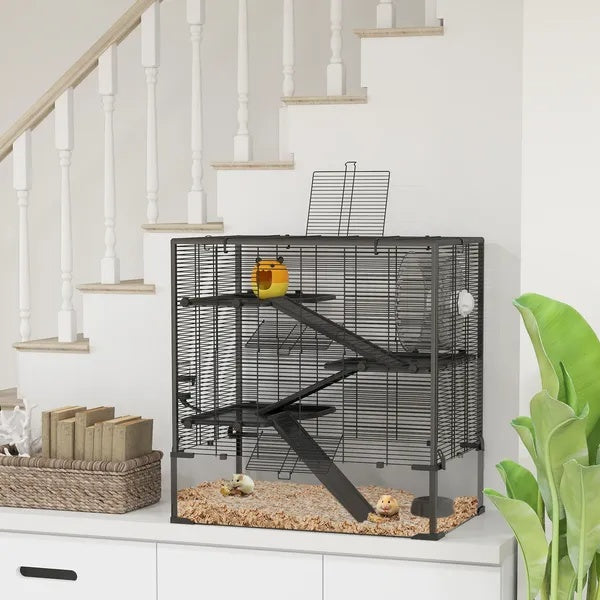 4 Tier Hamster Cage With Deep Tempered Glass Bottom, Running Wheel, Hut, Water Bottle, Food Dish