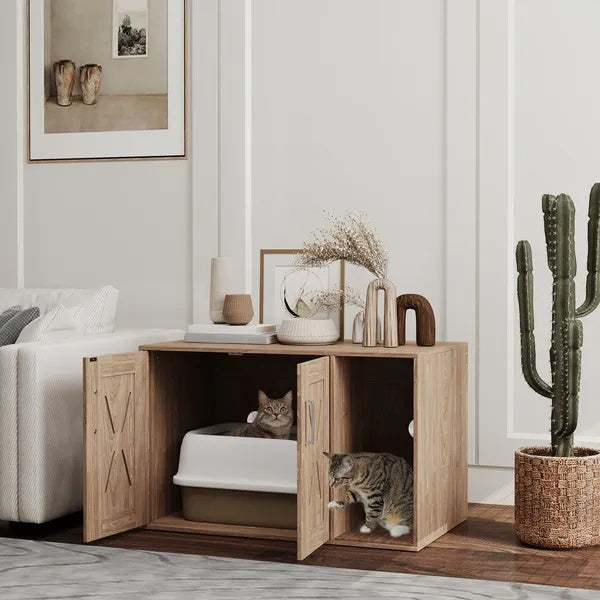 Cat Litter Box Enclosure With Scratching Board, Cat Washroom End Side Table, 31.5 X 19 X 20 Inch, Walnut Brown