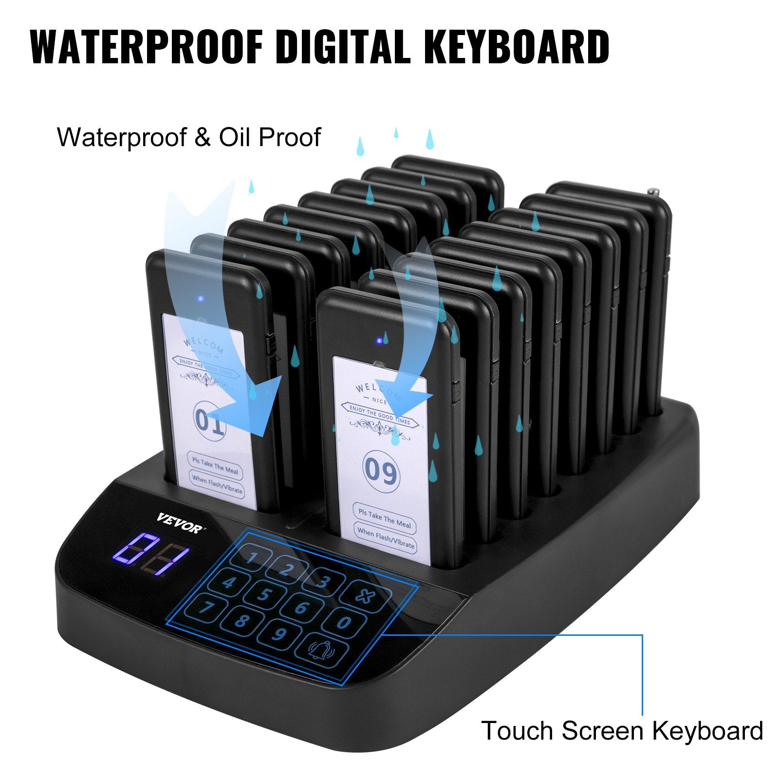 F101 Restaurant Pager System 16 Pagers, Max 98 Beepers Wireless Calling System, Touch Keyboard With Vibration, Flashing And Buzzer For Church, Nurse,Hospital & Hotel
