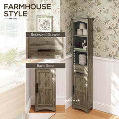 Farmhouse Tall Slim Bathroom Storage Cabinet with Recessed Drawer, Narrow Cabinet with Barn Door, Weathered Gray Oak