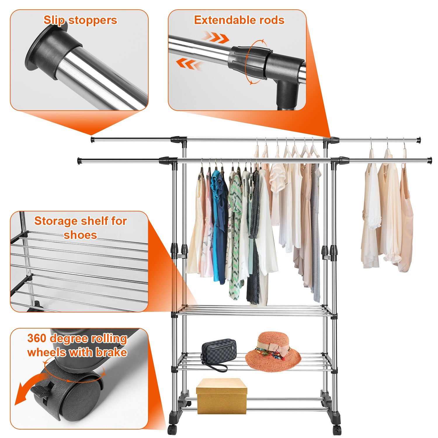 1Pc Extendable Garment Hanging Rack Clothing Hanging Rail Pillow Shoe Display Organizer With Rolling Wheels Hold Up To 77LBS