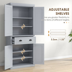 72" Traditional Kitchen Pantry Cabinet, Freestanding Tall Storage Cabinet with 4 Doors, Drawer and 3 Adjustable Shelves for Dining Room, Gray