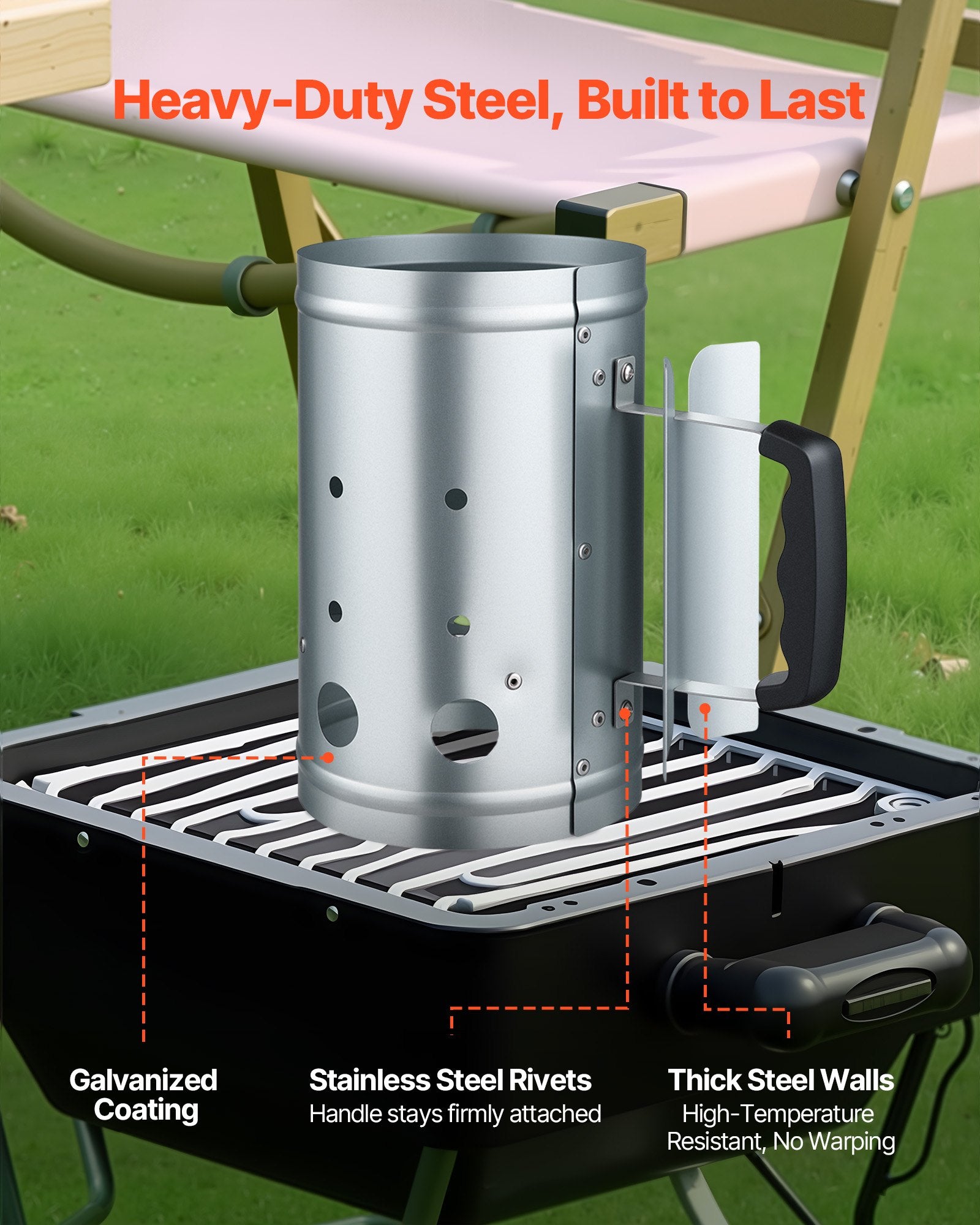 Charcoal Chimney Starter Heavy Duty Steel 4 Lbs Capacity BBQ Grill Fireplace