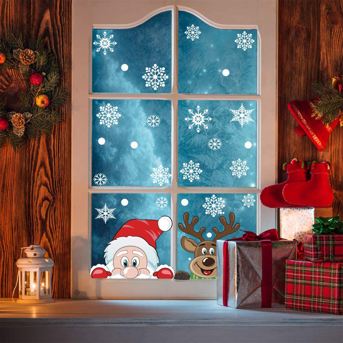 4Sheets Christmas Snowflake Window Clings Stickers For Glass Reusable Double Sided Self Adhesive Static Stickers Xmas Snowflake Reindeer Santa Window Decals Decorations Stickers For Christmas Window D