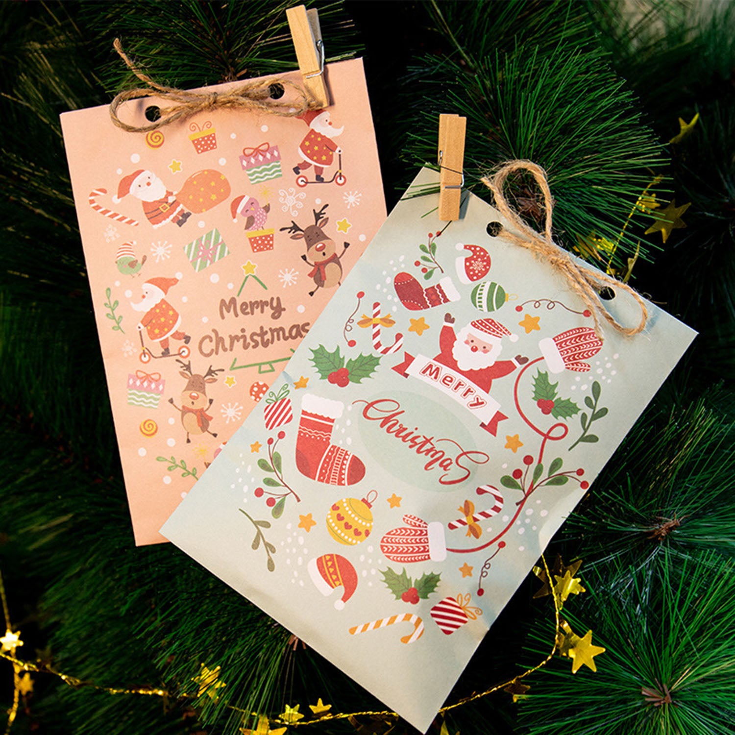 48 Pack Christmas Advent Calendar Bags Kit Envelope Shape Paper Gift Bags With Advent Numbers Stickers Clips And Rope Santa Claus Snowman Pattern Goodie Candy Treat Bags For Xmas Party Tree Decoration