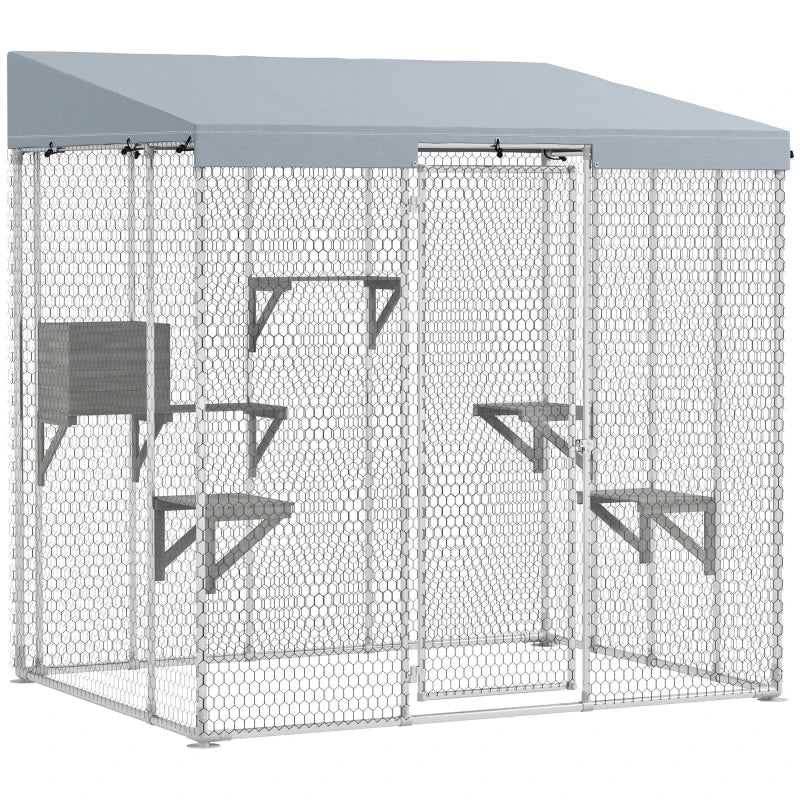 Galvanized Steel Large Catio With Waterproof Canopy, Sleeping Box, Jumping Platforms, For 1-3 Kittens, Silver