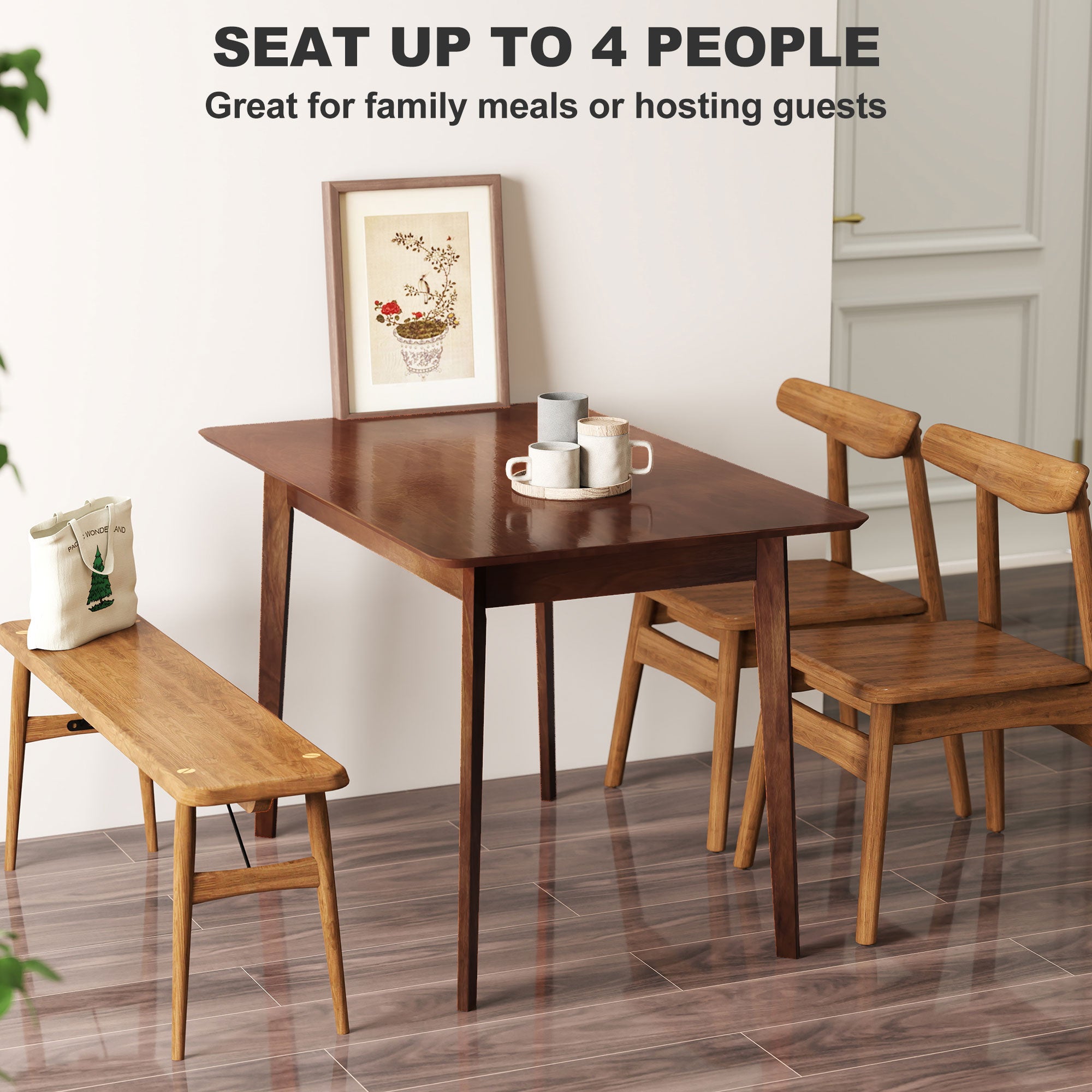 47.2" Rectangle Dining Table for 4, Mid-Century Modern Kitchen Table with Rubber Wood Legs for Dining Room, Walnut