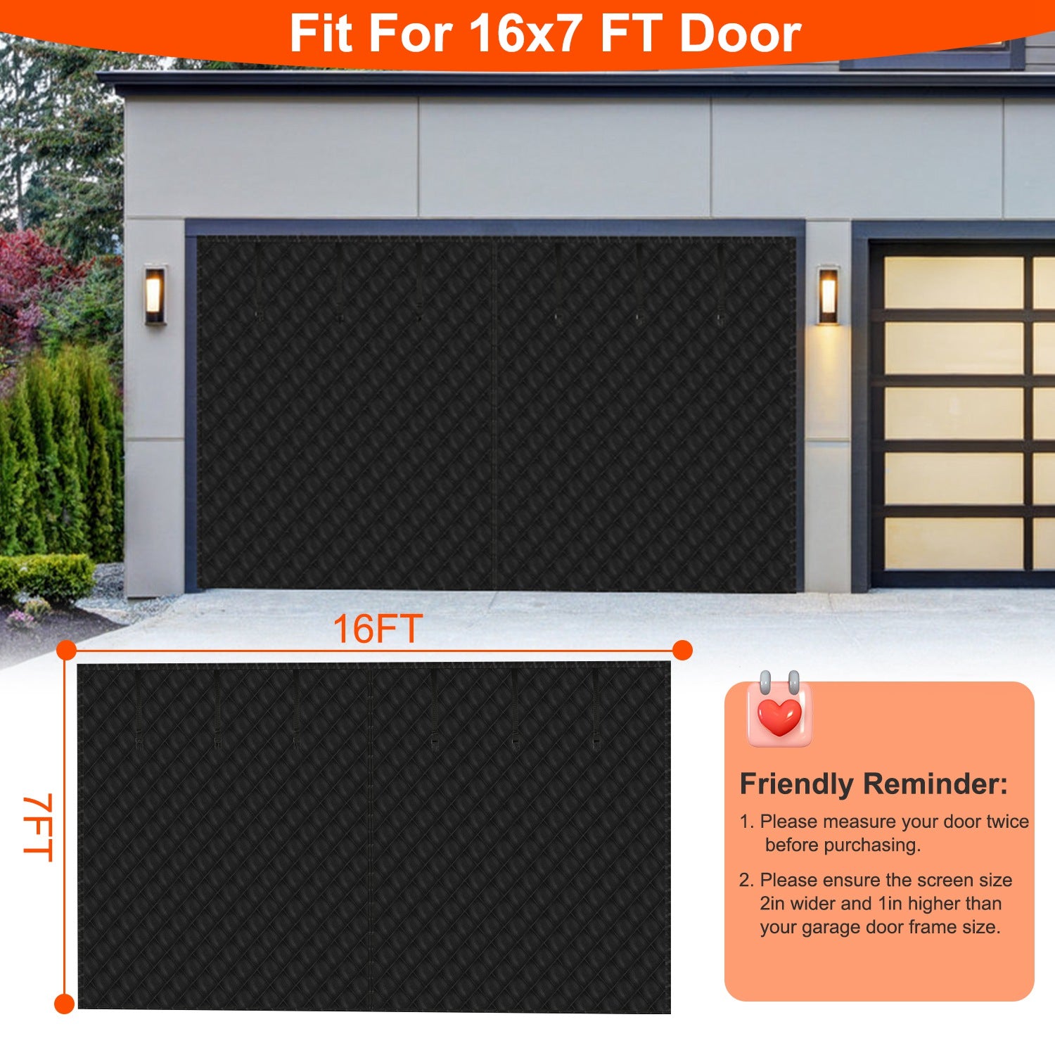 1Pc 16x7FT Magnetic Thermal Insulated Garage Door Curtain For Winter Two Car Garage Screen With Magnetic Closure 8 Roll Up Buckle Straps For Two Cars Weatherproof Windproof Soundproof