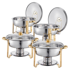 5 Qt 4 Pack Round Chafing Dish Buffet Set Full-Size Pan Stainless Steel Gold