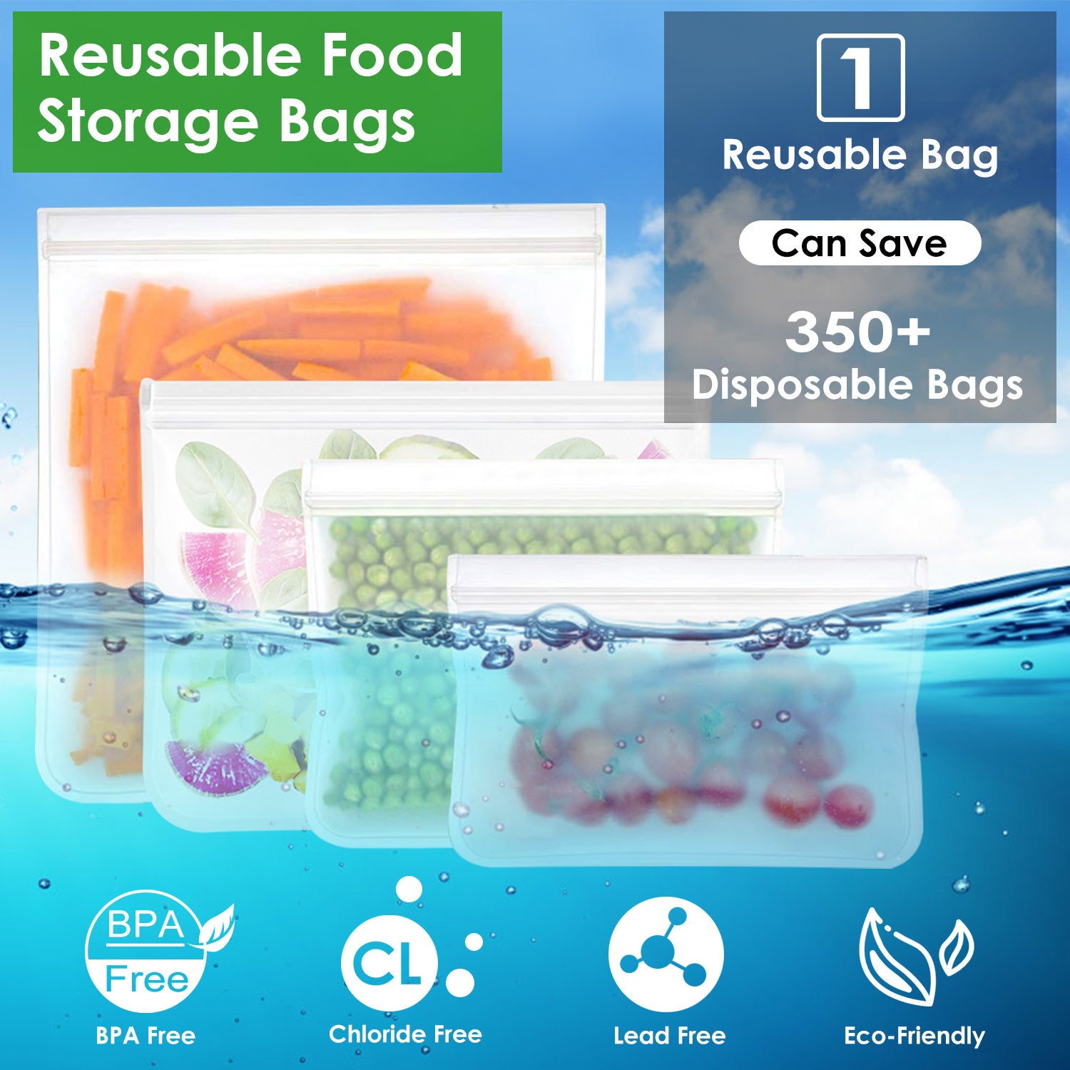 20Pcs Reusable Food Storage Bags 5 Sandwich Snack Gallon Quart Bag Leakproof BPA Free Food Container Freezer Safe Lunch Bag