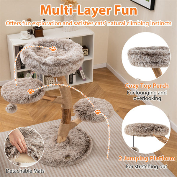 Multi-level Natural Pear Wood Cat Tree, Sisal Scratching Posts, Plush Balls, Long Plush Fabric
